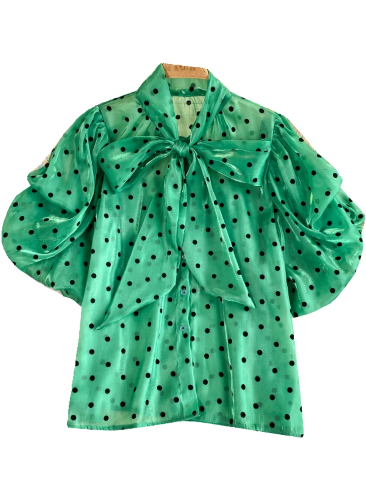 

Sweet Polka Dot Bubble Sve irt для женщин с воротником-узлом в стиле ретро, высококачественный светящийся топ в Корейском стиле для поездок на работу и ветер