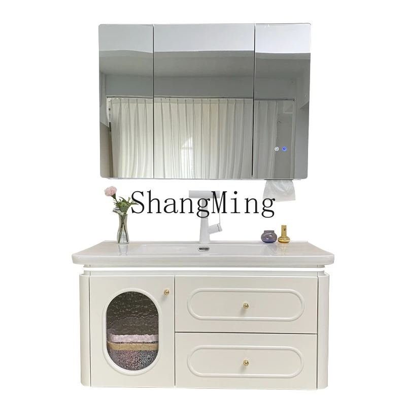 

LXY oak paint cream wind smart bathroom cabinet ceramic integrated basin face wash basin cabinet combination