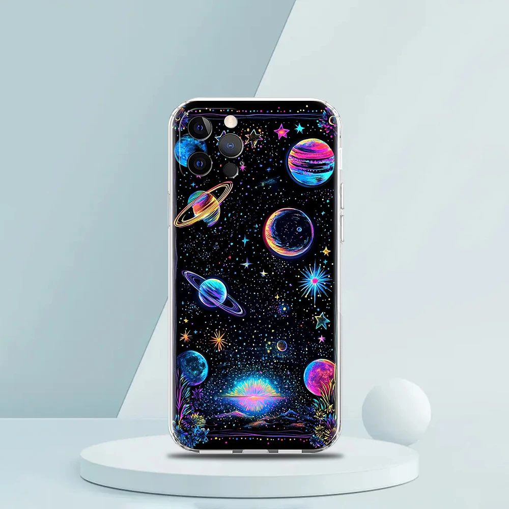 Coque de téléphone transparente en TPU souple, étui antichoc pour iPhone 16 15 14 13 12 11 Pro Max XR 8 7 Plus, motif soleil, lune, étoiles