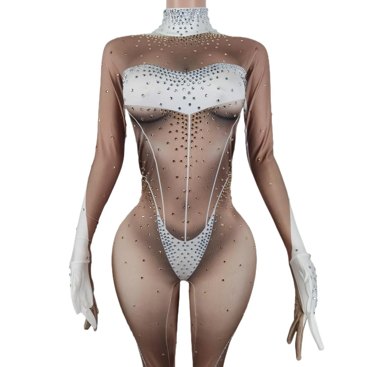 Stage Sparkly Crystal Stretchy Jumpsuit Gloves Woman Pole Dance Costume Nightclub Party Dancer Performance Stage Wear Xianduan