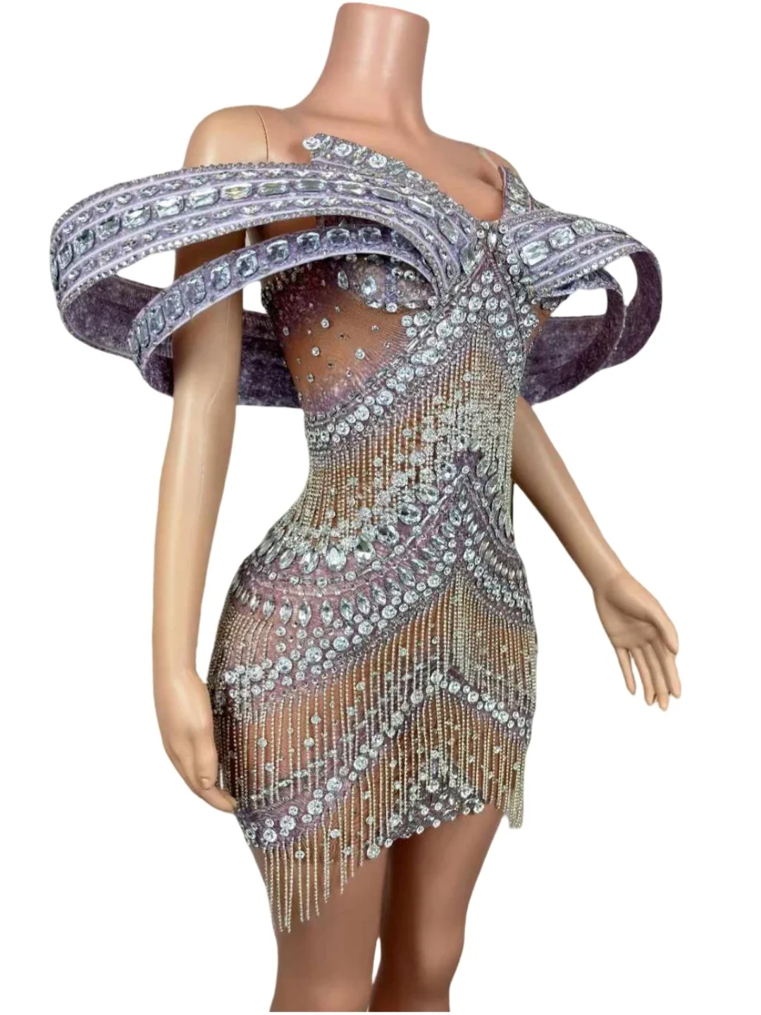 Women Rhinestone Fringe Sparkly Birthday Celebrate Singer Stage Performance Wear Dress Prom 2025