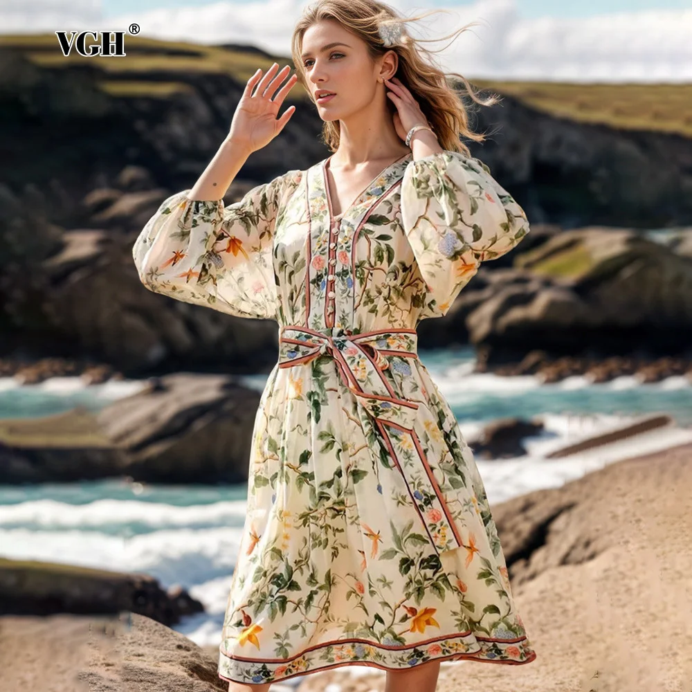 

VGH Hit Color Prinitng Beach Dresses For Women V Neck Lantern Sleeve High Waist Spliced Lace Up Casual Mini Dress Female Style