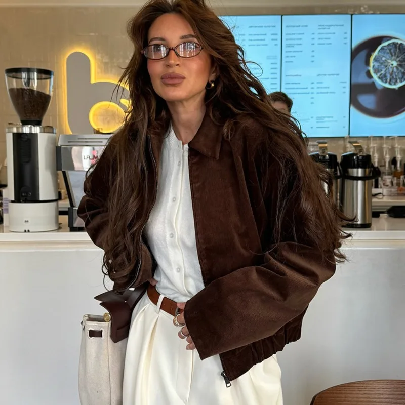 Talenza Autumn Vintage Jacket Coats 2025 New Solid Zipper Plush Brown Casual Jacket Fashion Loose Streetwear Women Coats Outwear