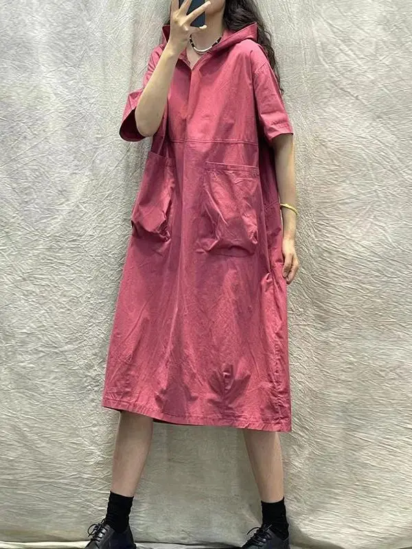 Summer New Women's Loose Casual Hooded ort Sve Dr Artistic Sle plus Size Slimming Mid-Length Cotton Dr