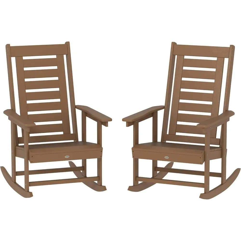 

Комплект из 2 уличных кресел-качалок из HDPE с высокой спинкой и широкими подлокотниками, устойчивых к непогоде, для патио, сада или зоны у костра, коричневые