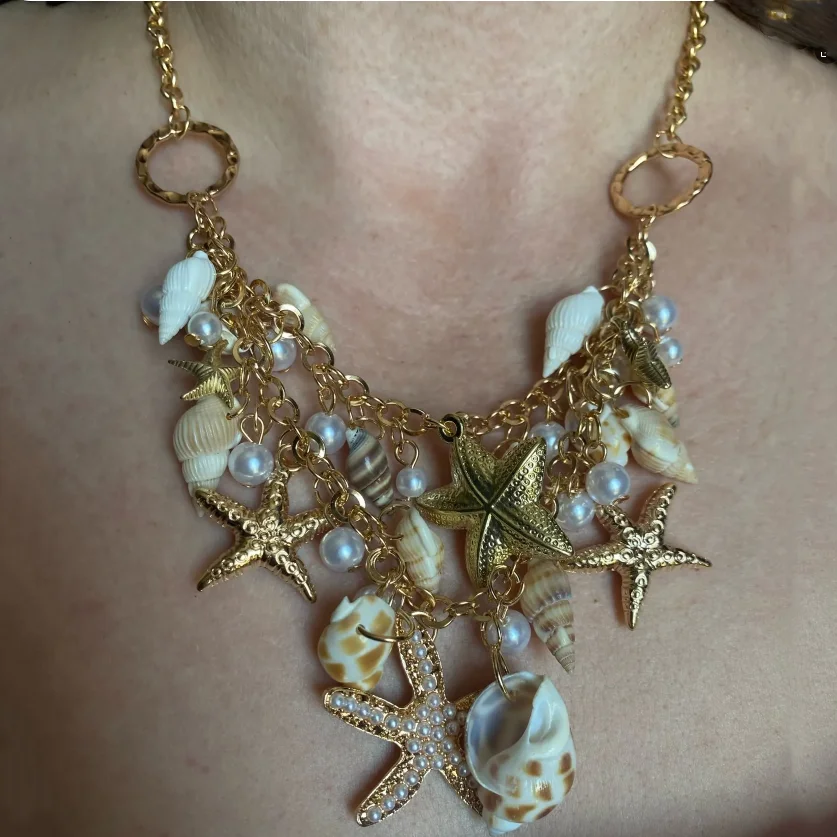Aihua Böhmen Gold Farbe Imitation Perle Muschel Shell Seestern Halskette für Frauen Halsband Halskette Kragen Sommer Strand Schmuck – Detail 3