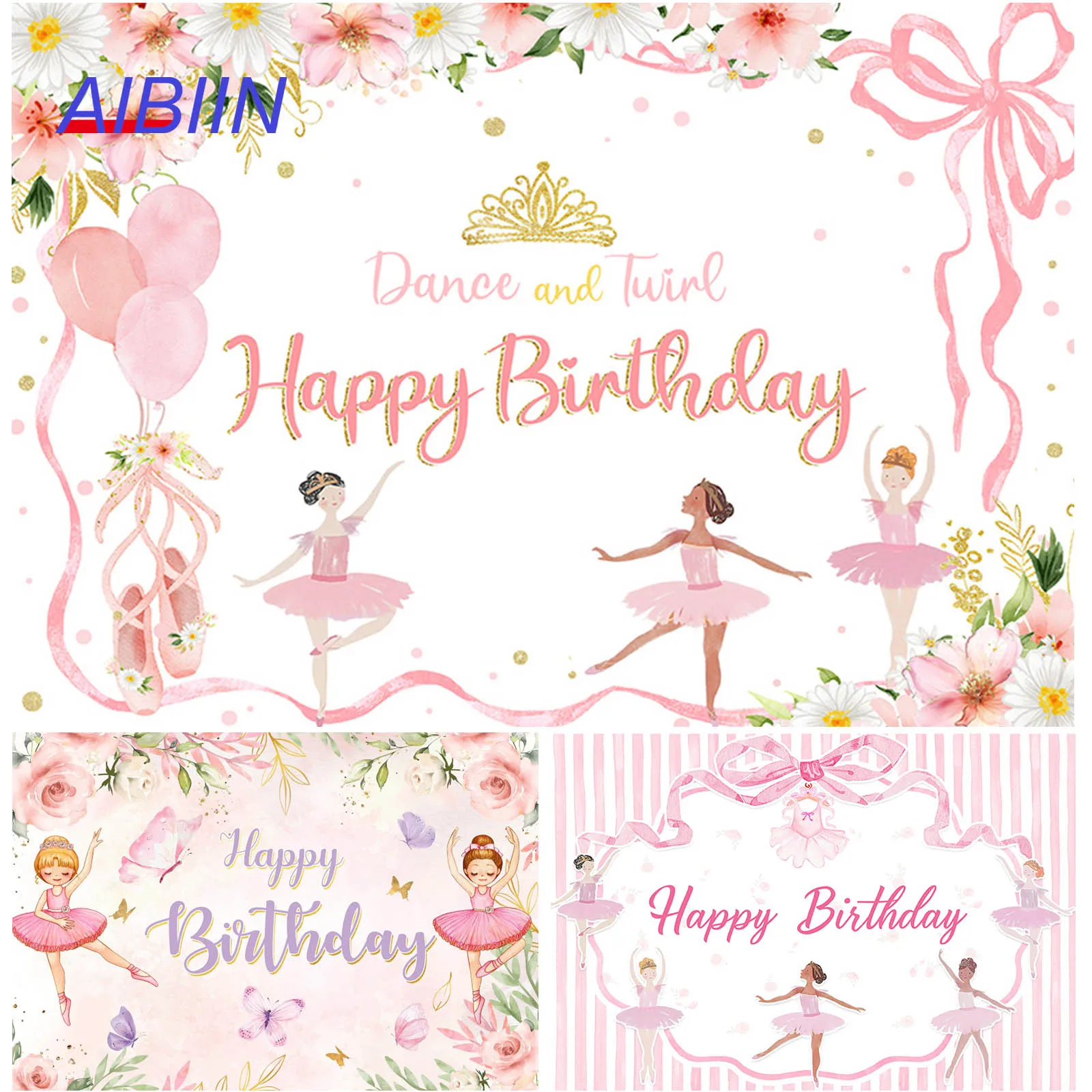 Happy Birthday Backdrop Dance and Twirl Pink Floral Girl Dancer Birthday Party Decor Fairy Cake Portrait Photography Background