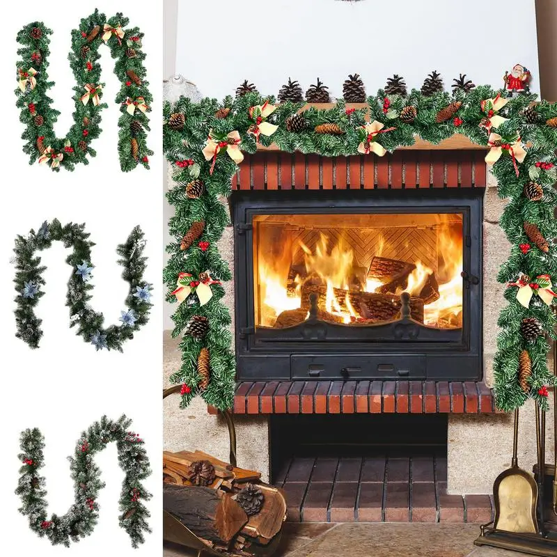 2.7cm Artificial Christmas Garland Green Garland With Pine Cones, Pine Tree Rattan Hanging Decoration Door Fireplace Wreath