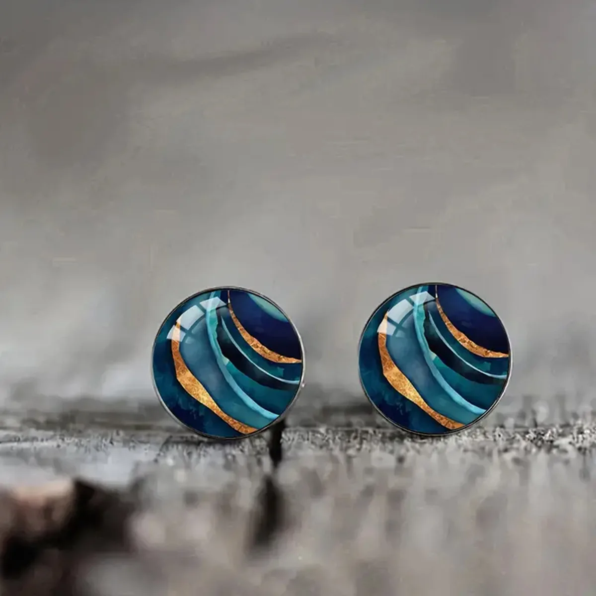 

Cross-Border Fashion European & American Art Marble Pattern Glass Cabochon Stud Earrings, Vintage Style Jewelry for Women & Men