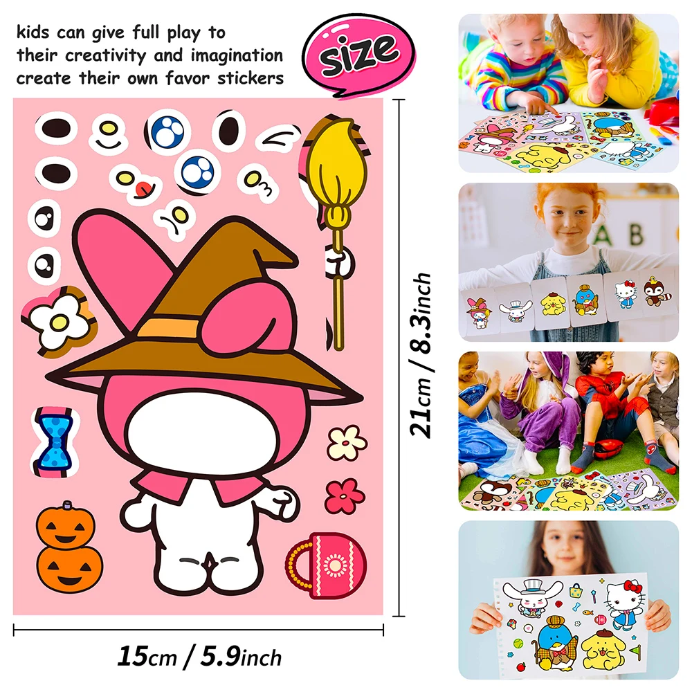 6/12Sheets Cute Sanrio Puzzle Anime Stickers Melody Hello Kitty Make-a-Face Assemble Fun Cartoon Decal Assemble Jigsaw Kid Gift