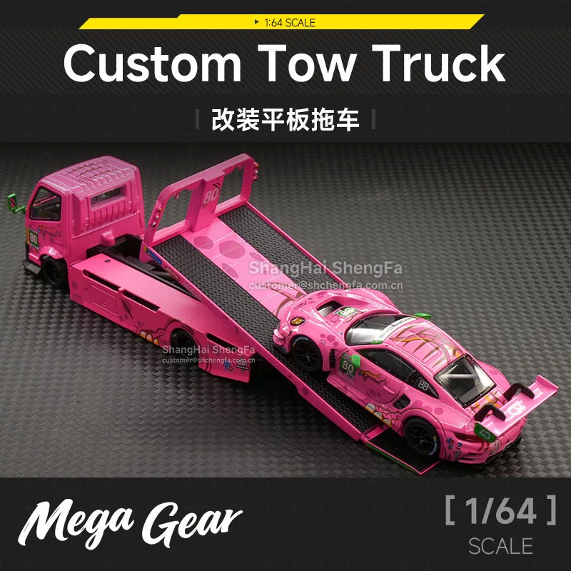 

Mega Gear 1:64 Alloy Diecast Modified Pink Dinosaur Livery Full Drop Flatbed Transport Tow Truck Model Car For Collection