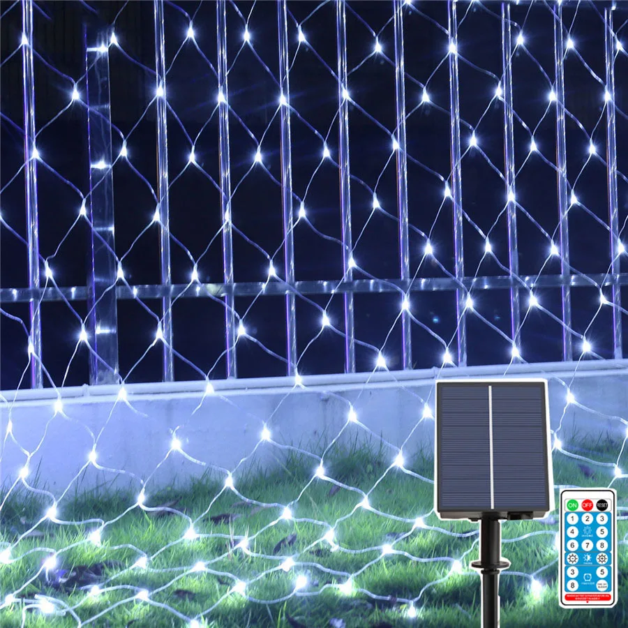 Solar Led Net Light Mesh String Light With Remote Christmas Curtain Icicle Light Outdoor Garden Garland For Wall Roof Tree Decor