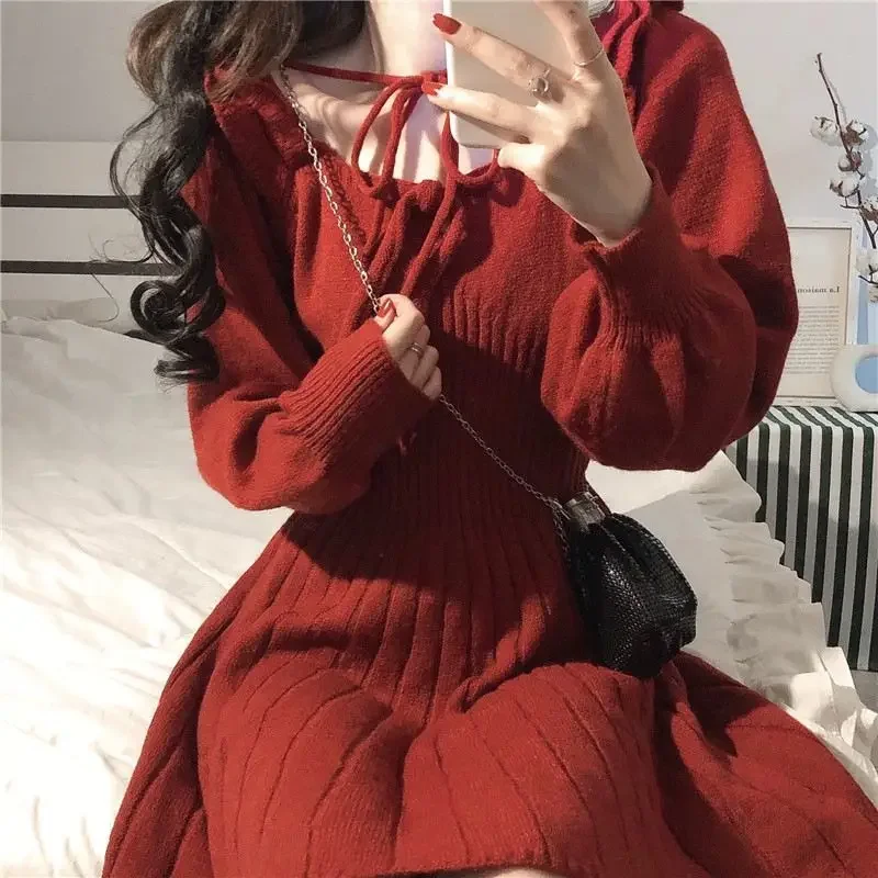 2023 Sweet Knitted Dress Women Autumn Winter Elegant Dress Female Red French Style Party Dress Clothes Lady