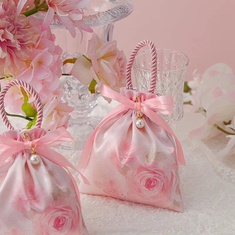 

10PCS New Drawstring Design Wedding Candy Bag Wedding Handheld Candy Bag Wedding Party Gift Bag Rose Pattern Candy Bag