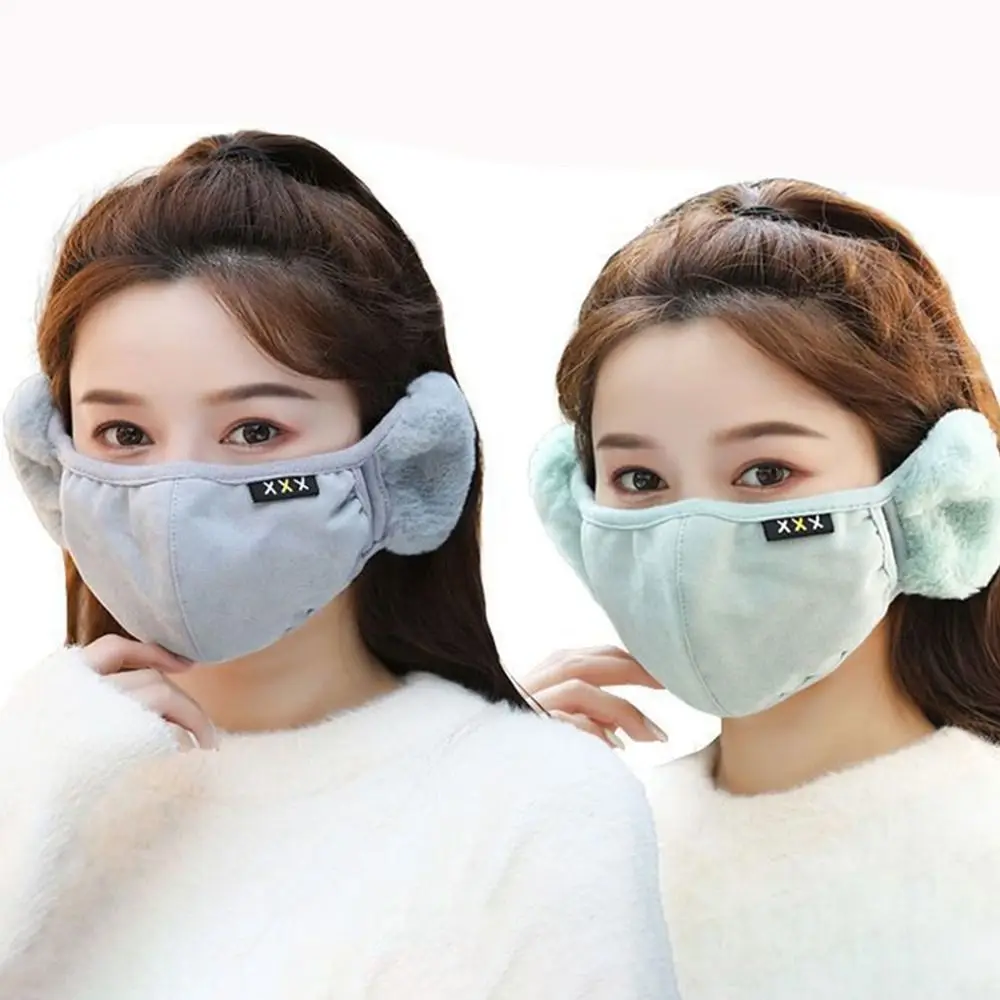 Fashion Winter Warm 2 in 1 Mask Earmuffs Dustproof Cold-proof Windproof Ear Warmer Thicken Plush Cotton Mouth Cover Women Girls