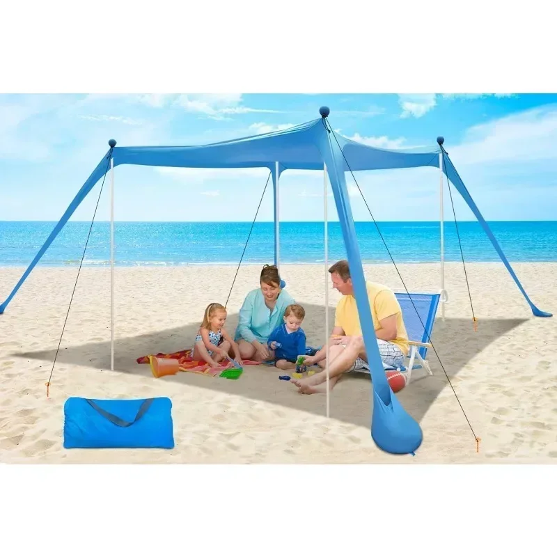 Beach Canopy Beach Tent UPF50+ 11x11 FT Easy to Setup Extra Windproof Rope Sun Shelter Beach Shade Canopy with 4 Stability