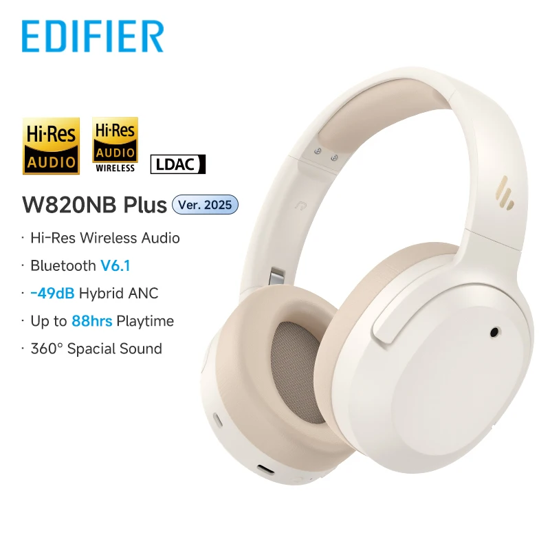 Edifier W820NB Plus(2025 Ver.) ANC Wireless Headphone Bluetooth 6.1 Over-ear Headset -49dB Noise Canelling Earphone Hi-Res Audio