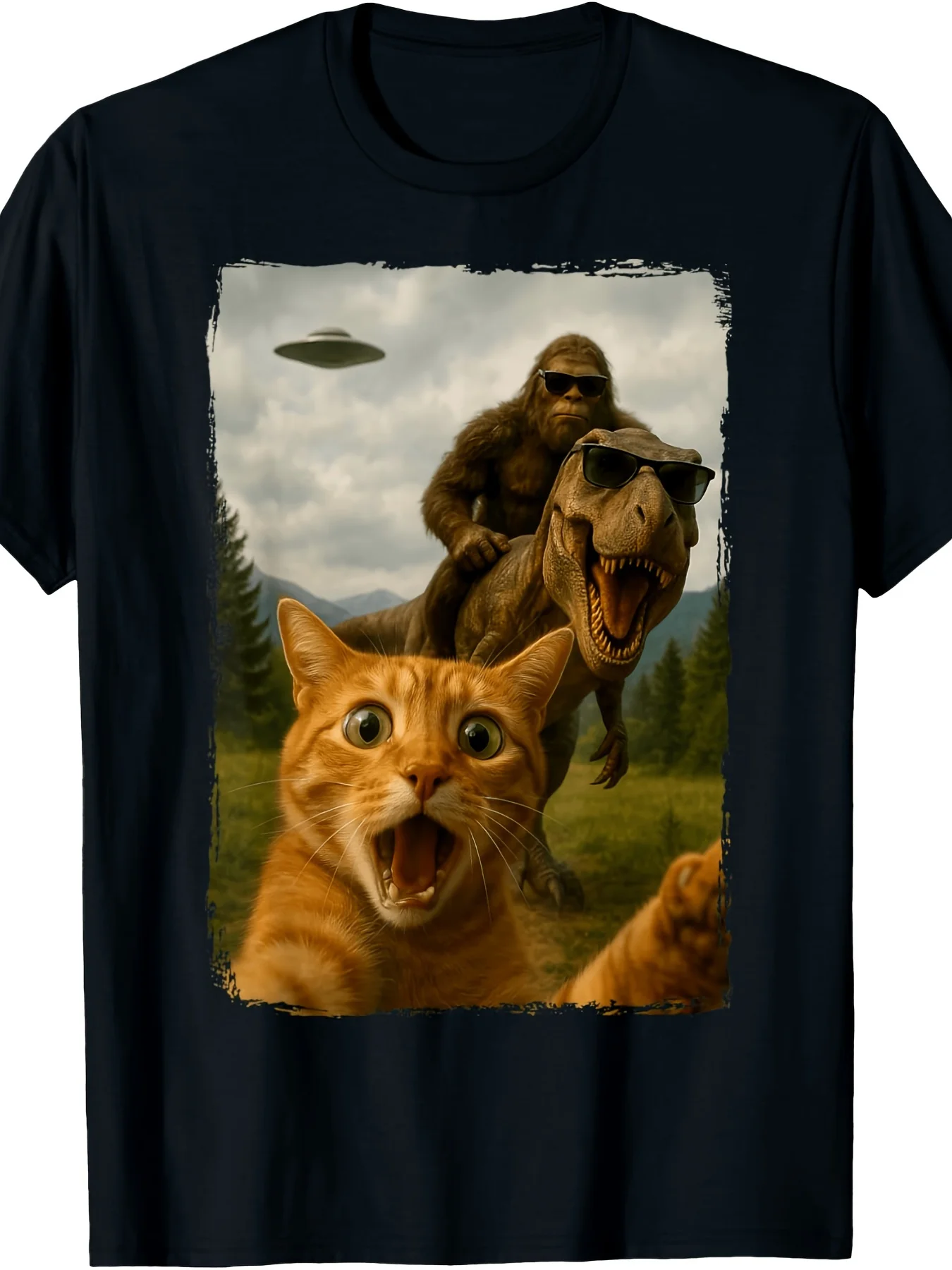 Funny Cat TRex Sasquatch UFO Selfie Graphic TShirt Novelty Cat Lover with Ginger Tabby Cat Design Casual Round Neck Pure 220G Perfect for AllSeason Casual Style Crew N, Plus Size