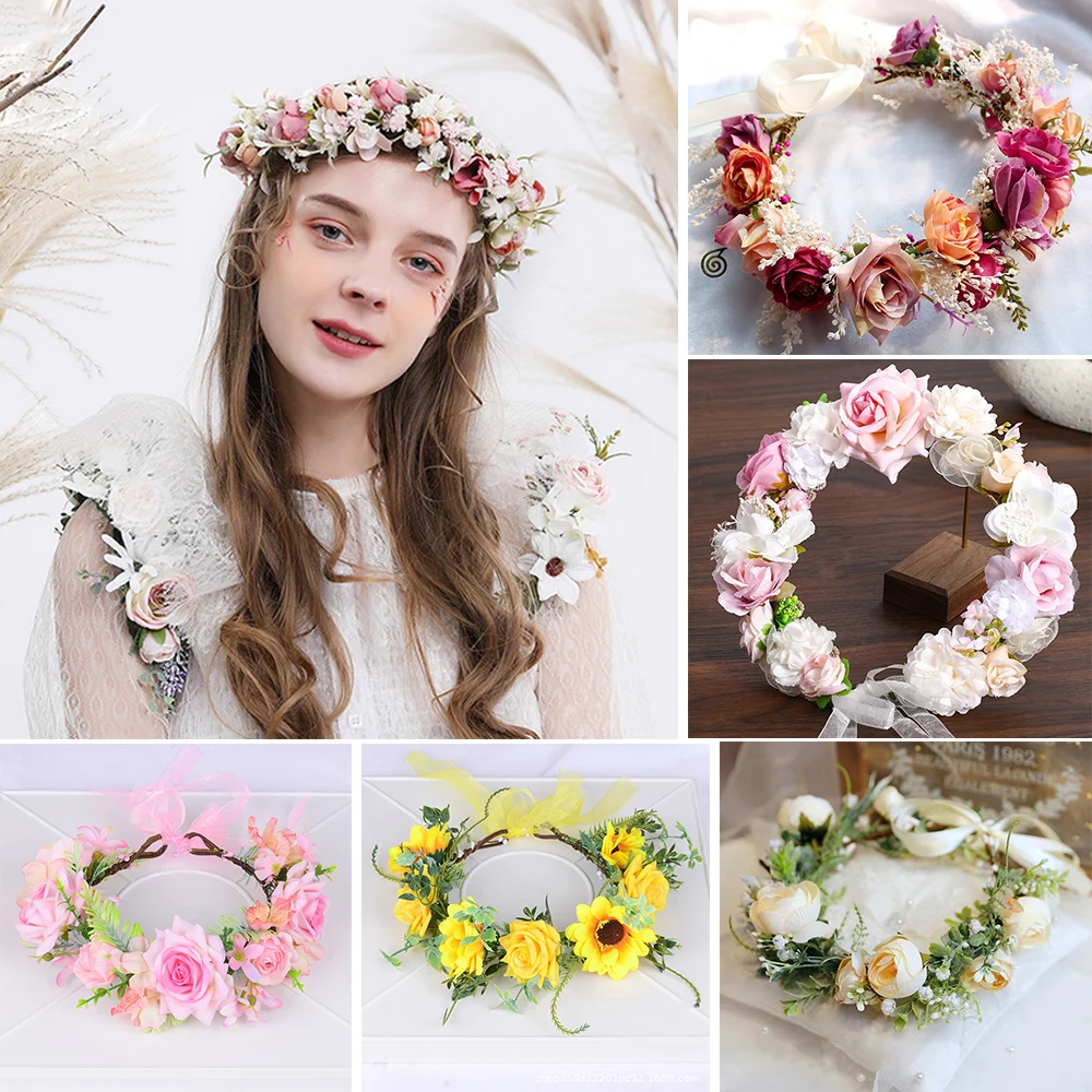 

Artificial Flower Braided Wreath Bride Women Flower Crown Hair Band Wedding Floral Headband Garland Ribbon Girl Hair Accessories