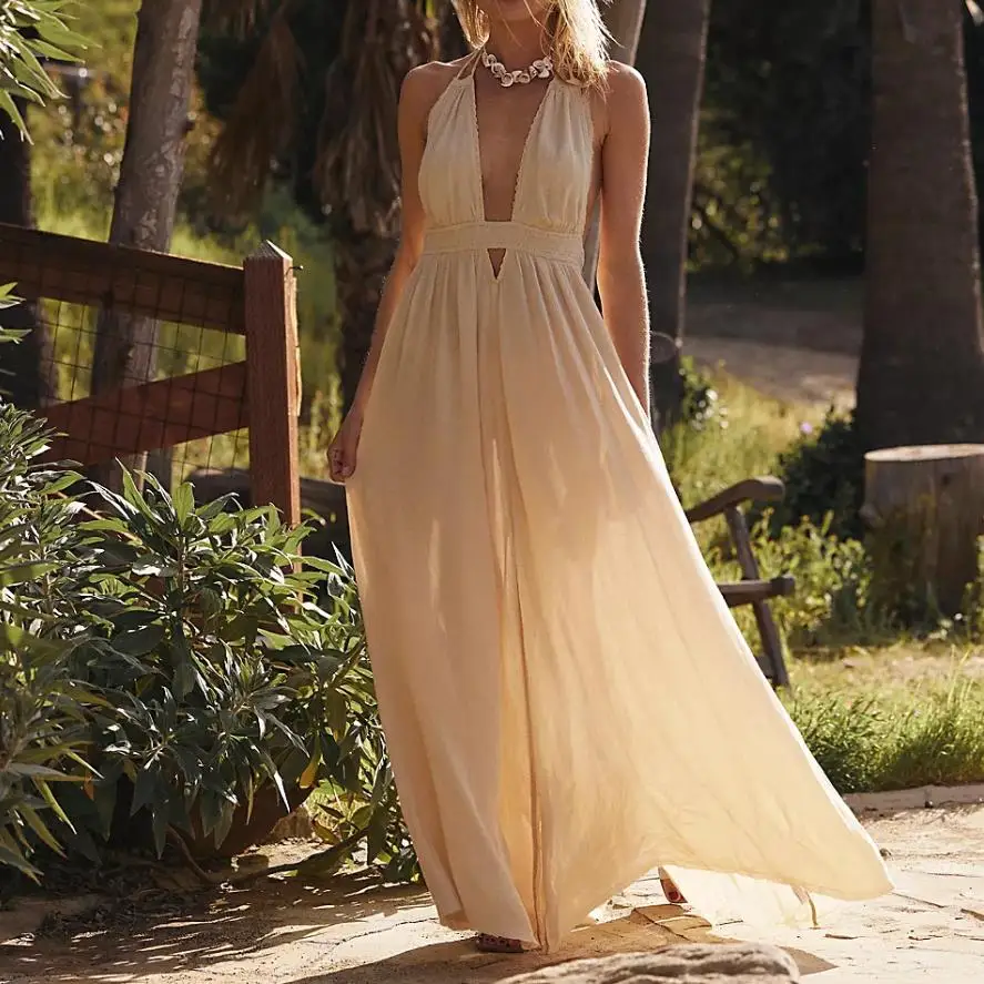 Yivorovy-Robe de plage dos nu découpée pour femme, col licou sexy, vêtements de plage pour cocktail, club de plage, vacances d'été, streetwear