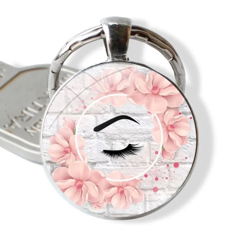 Pink Eyelash Print Cartoon Design Fashion Creative Keychain Handmade Glass Cabochon Key Ring Holder Pendant Key Chains