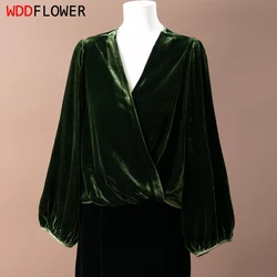 Women Silk Velvet Shirt 100% Mulberry Silk Lining Dark Green Blouse Top V Neck Loose Type Long Sleeve Cardigan Office Lady M1228