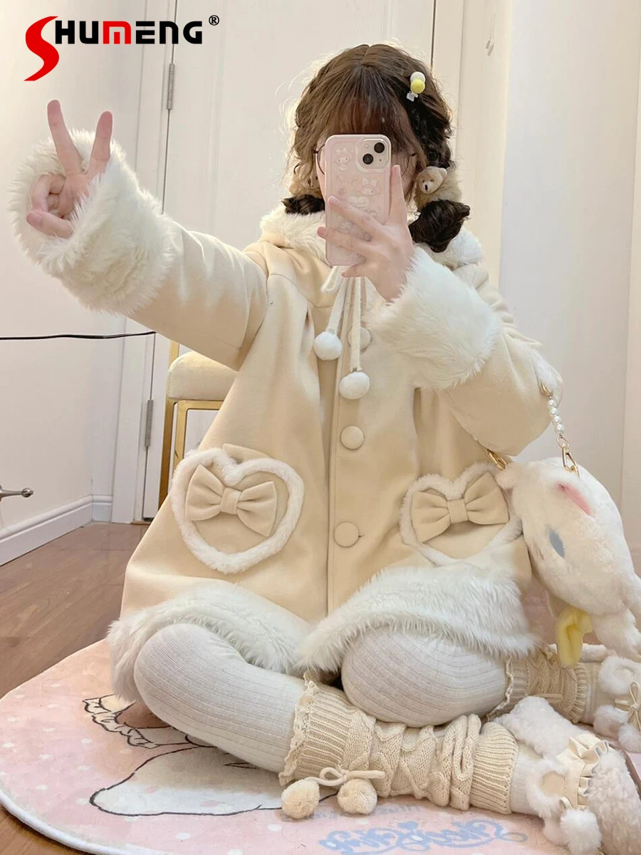 

Japanese Sweet Cute Heart Bow Pocket Single-breasted Rabbit Ears Hooded Jacket Loose Versatile Lolita Woolen Coat Women Winter