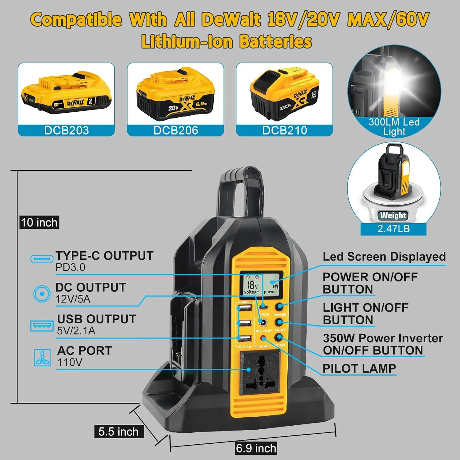 350W Power Inverter for Dewalt 18V 20V MAX 60V Li-ion Batteries,2-Port Supply Inverter Generators Converter DC 20V to AC110V~12