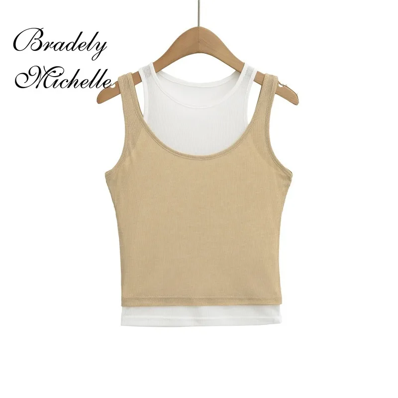 Stacked Double-layer Round Neck Women Sleeveless Cropped Tank Crop Vests Summer New Sexy Women's Vest Camis