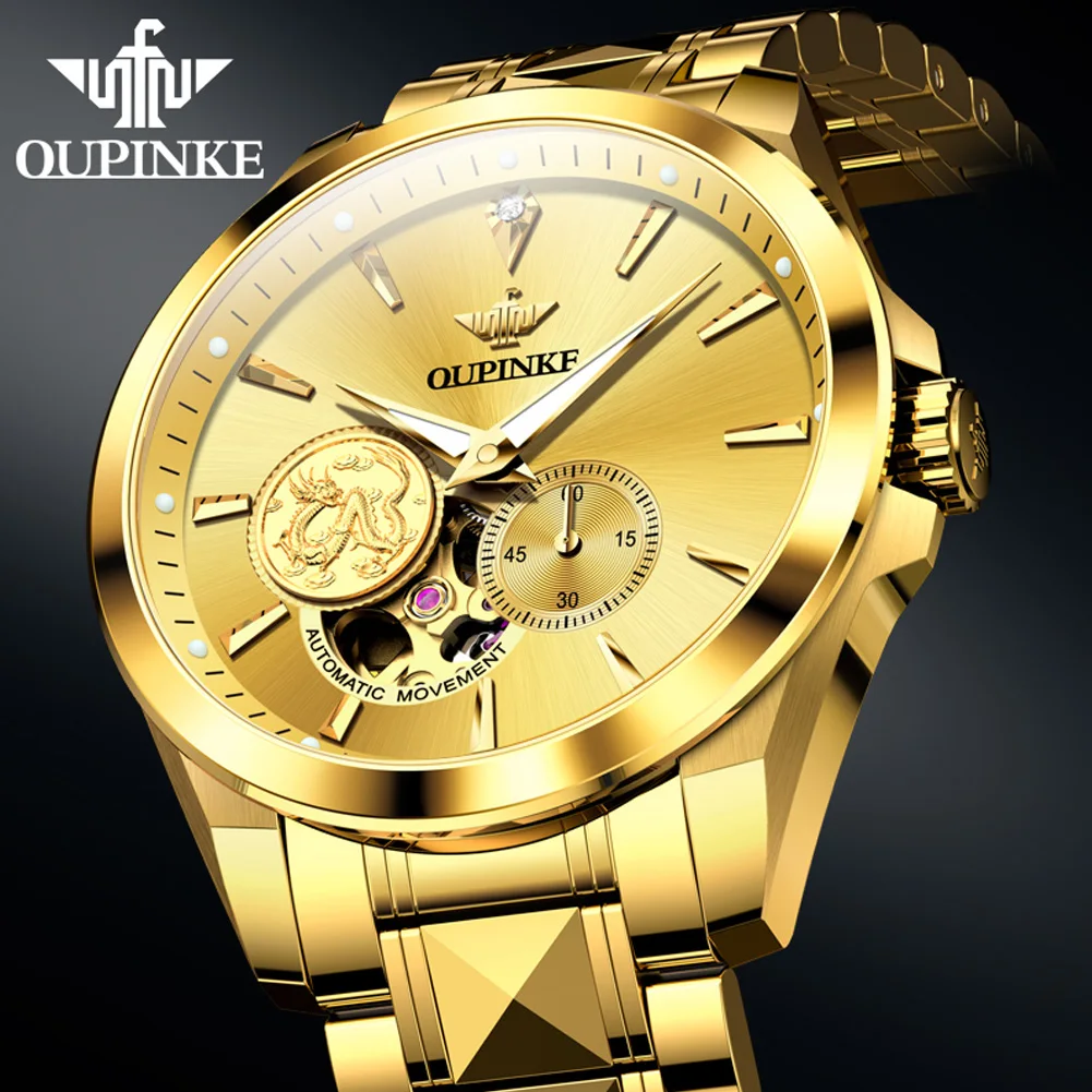 OUPINKE Real Diamond Real Gold Dragon Watch for Men Automatic Mechanical Watches Luxury Brand Original Skeleton Chrono Man Watch