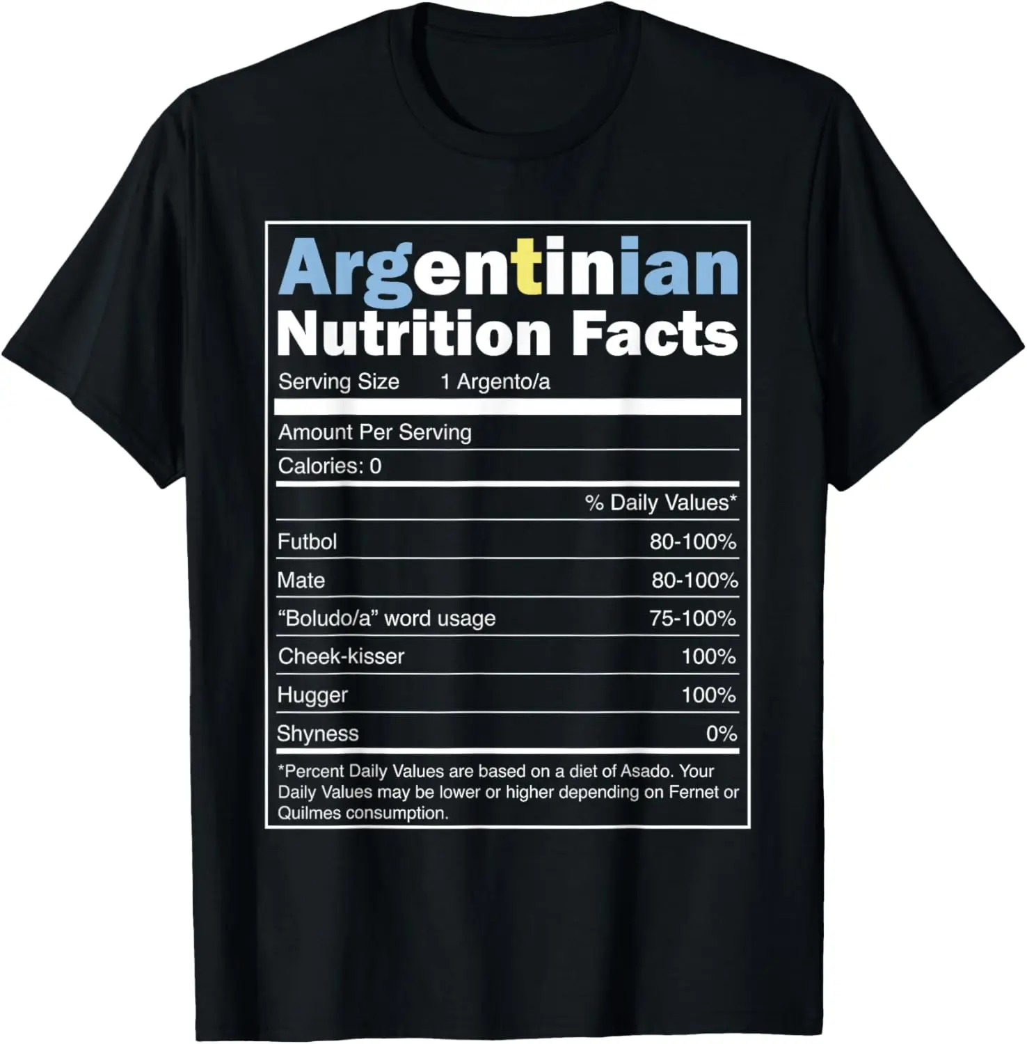 Diseño de bandera Argentina-Camiseta divertida de información nutricional argentina, 100% algodón, cuello redondo, manga corta, camiseta informal de verano para hombre