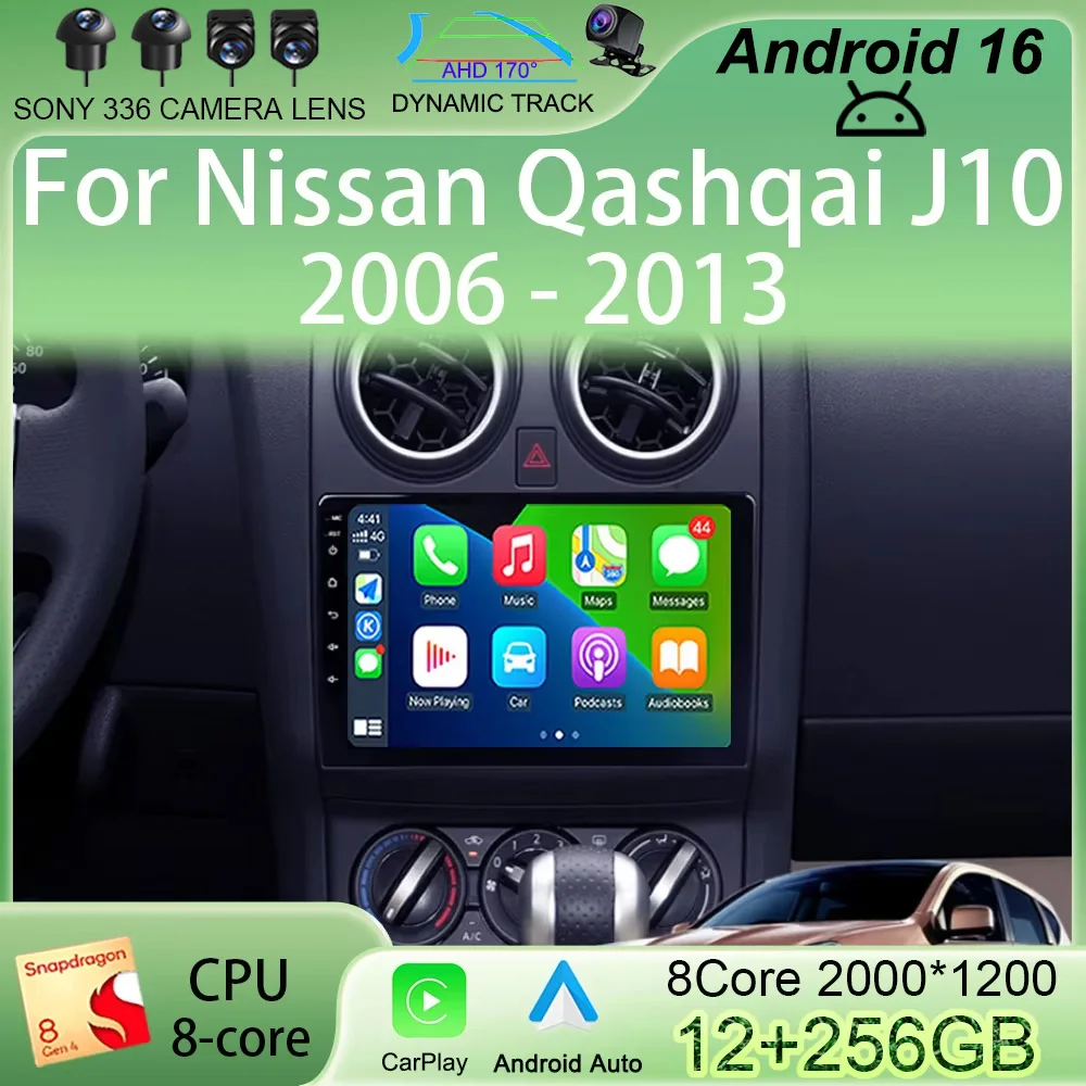 

Android 16 Car Radio Wireless CarPlay Auto for Nissan Qashqai J10 2006 2007 2008-2013 4G Multimedia Video Player Stereo GPS 2din
