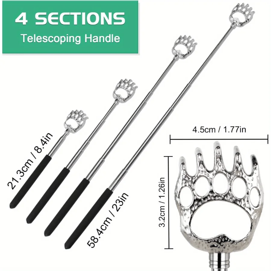 Ergonomic Bear Claw Back Scratcher & Massager - Telescopic Stainless Steel for People/Pet, Portable Gift Set with Velvet Pouch