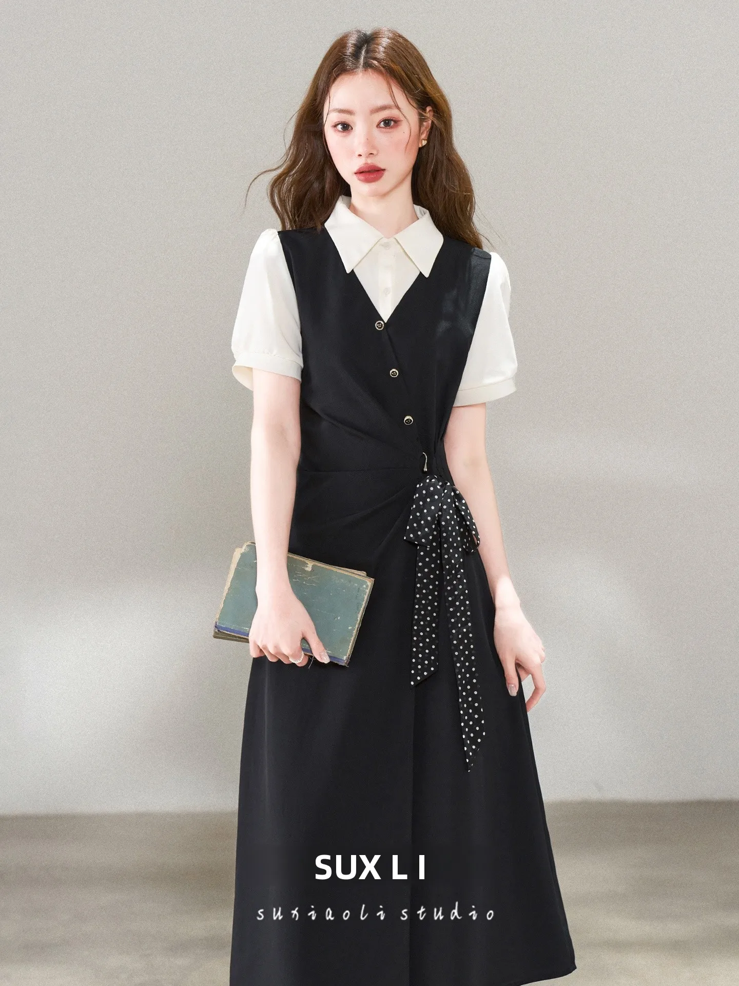 

Elegant Short Sleeve Black Dress Formal Occasion Women's Fashion Commute Style Faux Two-Piece High Waist A-Line Skirt