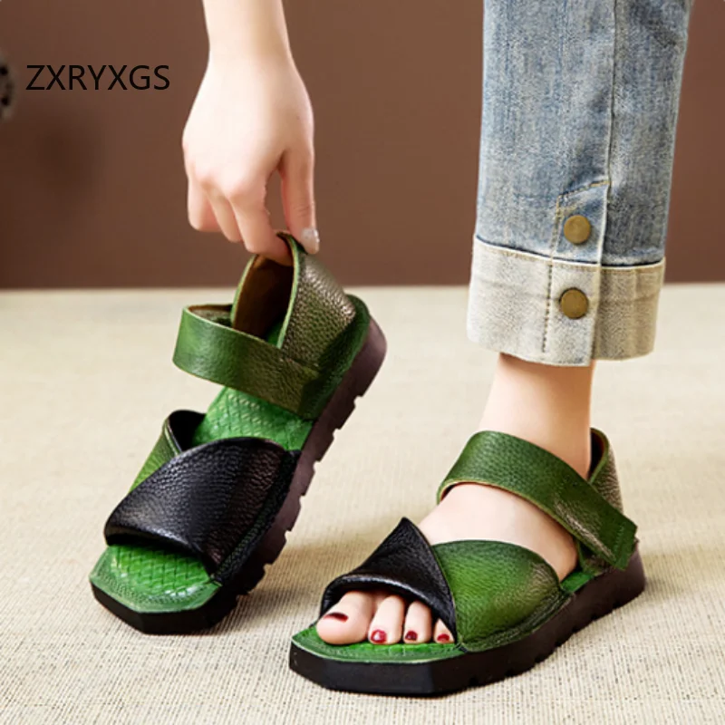 ZXRYXGS 2026 Full Cowhide Spell Color Women Genuine Leather Sandals New Summer Fashion Sandals Flat Soft Non-slip Roman Sandals