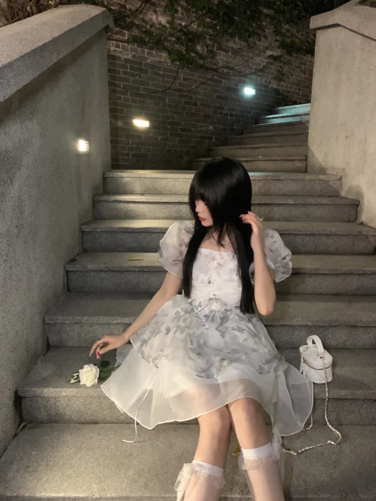 korean organza dress KOSAHIKI A-line Organza Dresses Female Square Collar Puff Sleeve Robe Femme  Slim Waist Sweet Mini Dress Summer Korean Vestido
