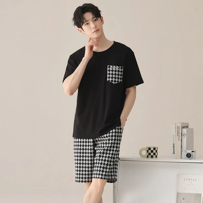 2026 Summer Short Sleeve 100% Cotton Pajama Sets for Men Korean Cute Cartoon Sleepwear Suit Pyjama Homewear Male Home Clothes