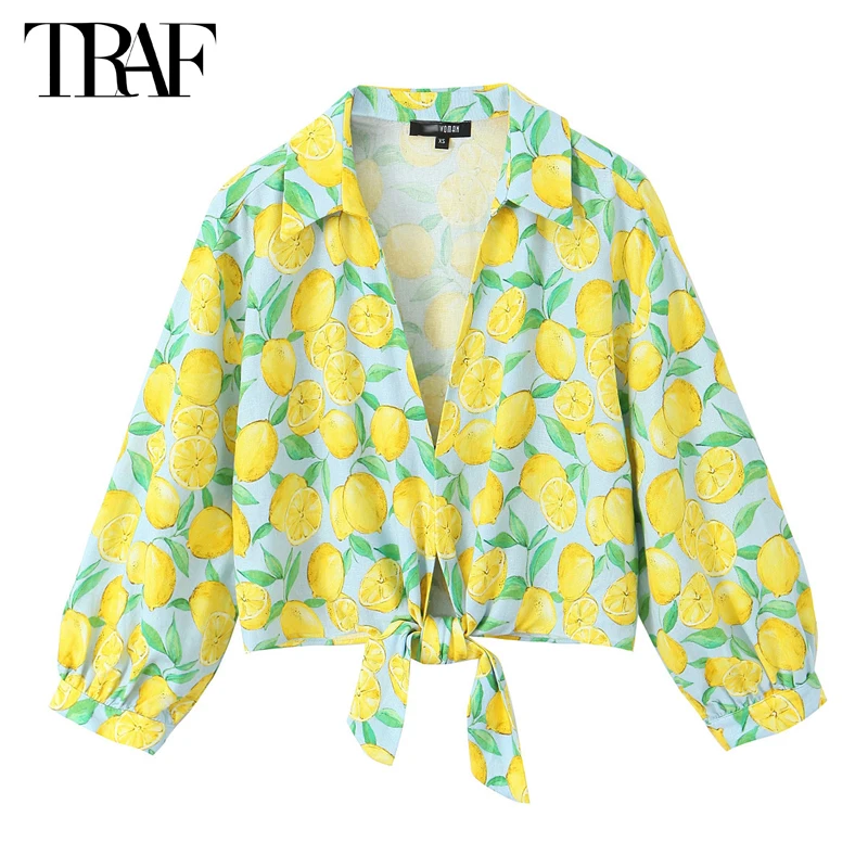 TRAF Print Cropped Shirts for Women Fruit Bow Casual Blouse Female Summer Beach Crop Top Women Long Sleeve Shirts and Blouses