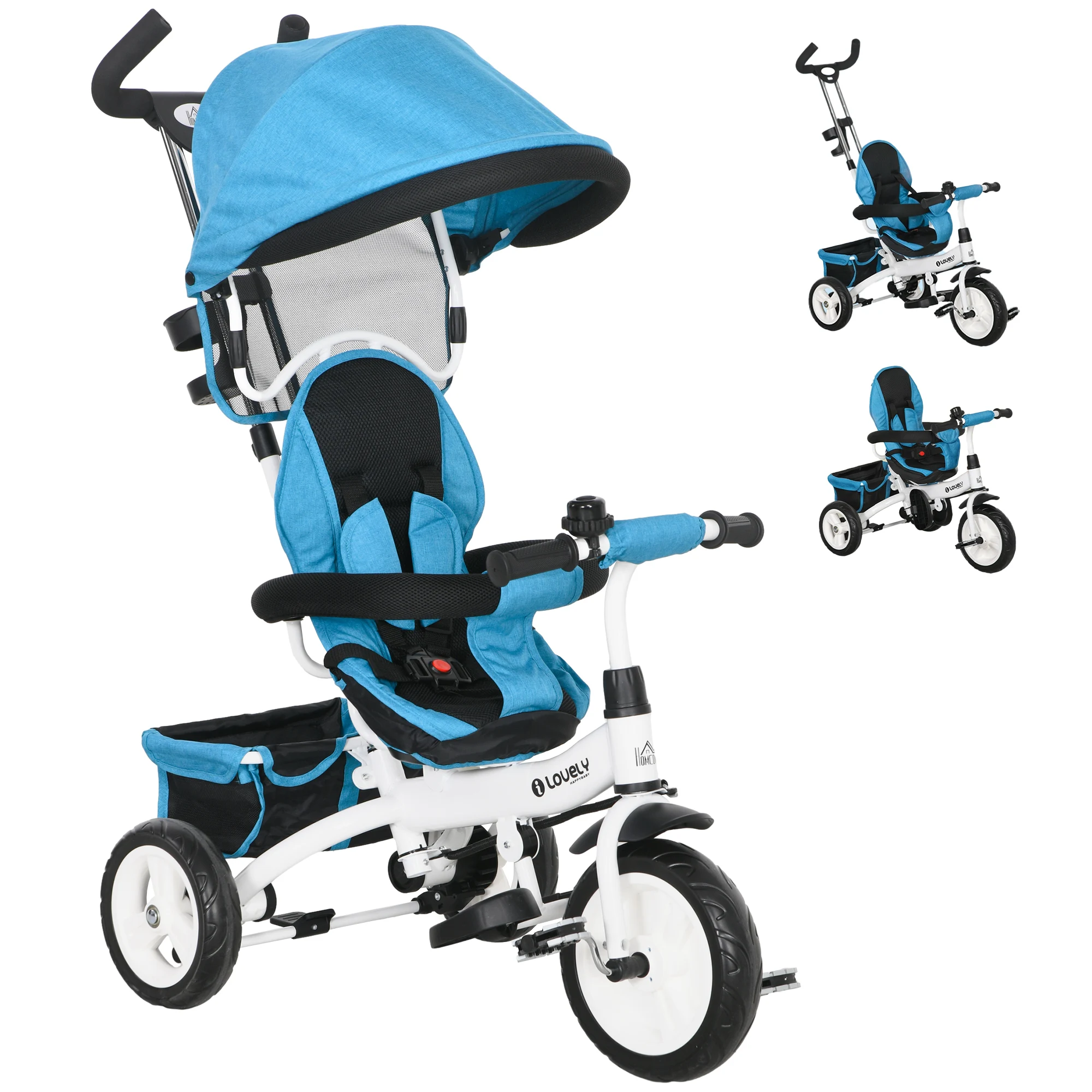 Homcom Evolutionary Tricycle for Children +12 Months with Folding Awning, Telescopic Push Handle and Safety Belt Blue