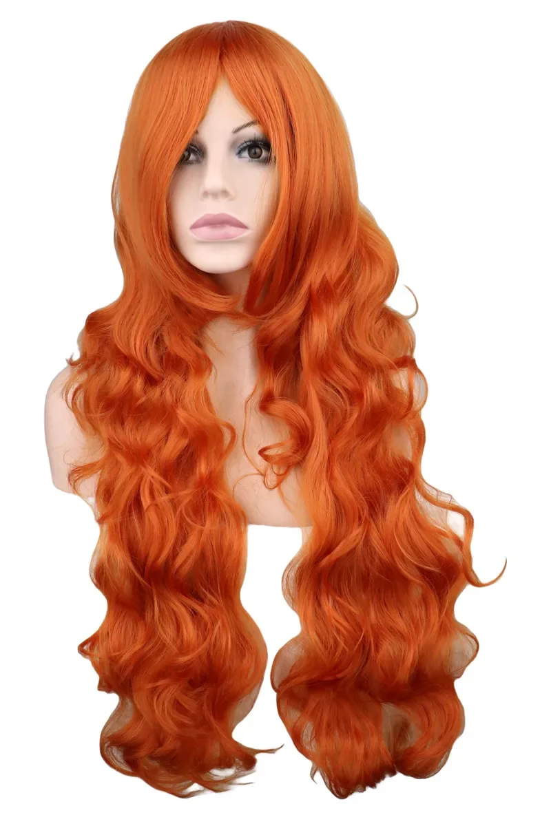 QQXCAIW Lange Wellenförmige Cosplay Perücken Für Frauen Partei Kostüm Schwarz Weiß Rot Rosa Blau Blonde Orange Synthetische Haar Perücken mit pony