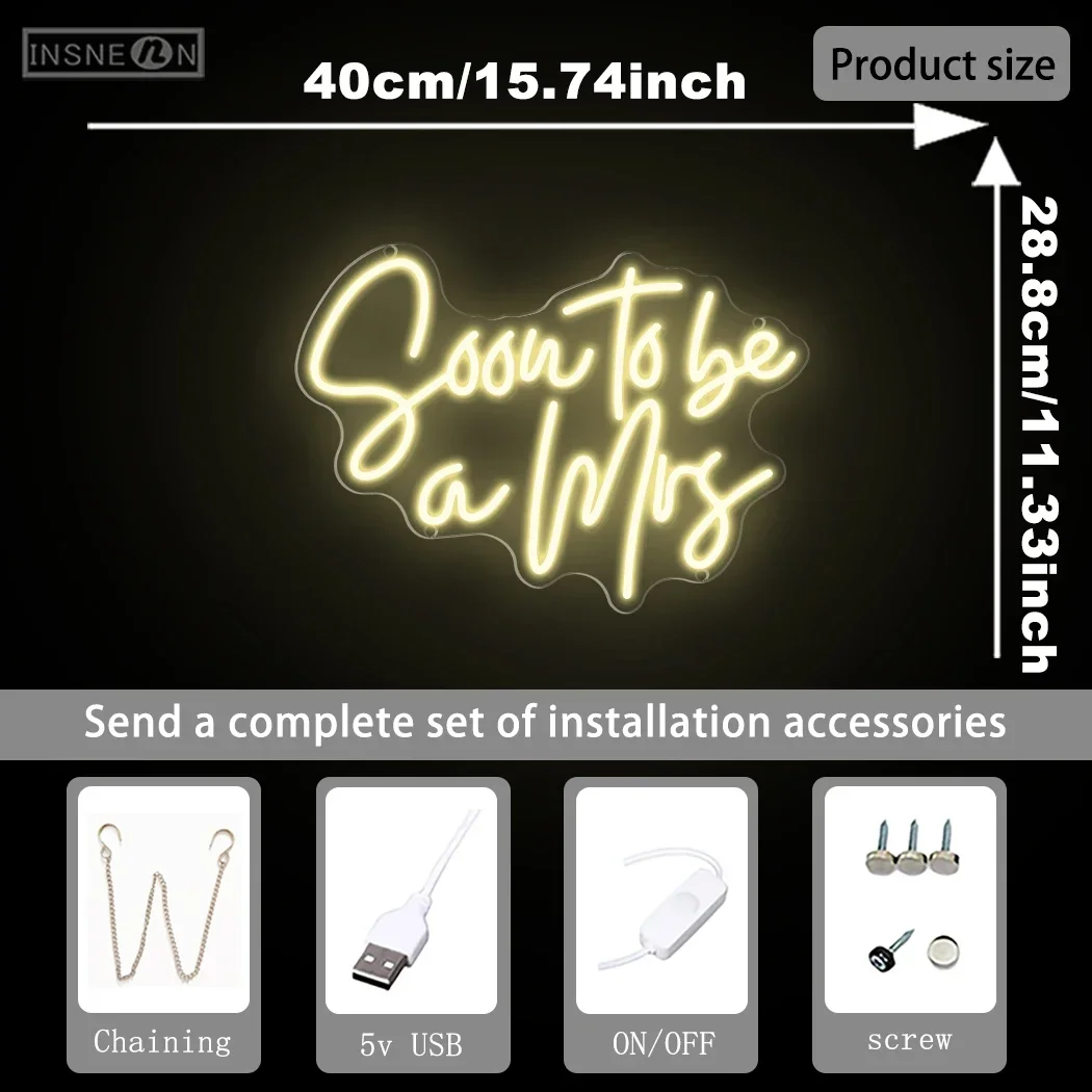 Soon to Be Mrs Neon Sign Warm White LED USB ขับเคลื่อนสําหรับงานแต่งงานเจ้าสาวตกแต่งห้อง Bachelorette Party Wall Lighting