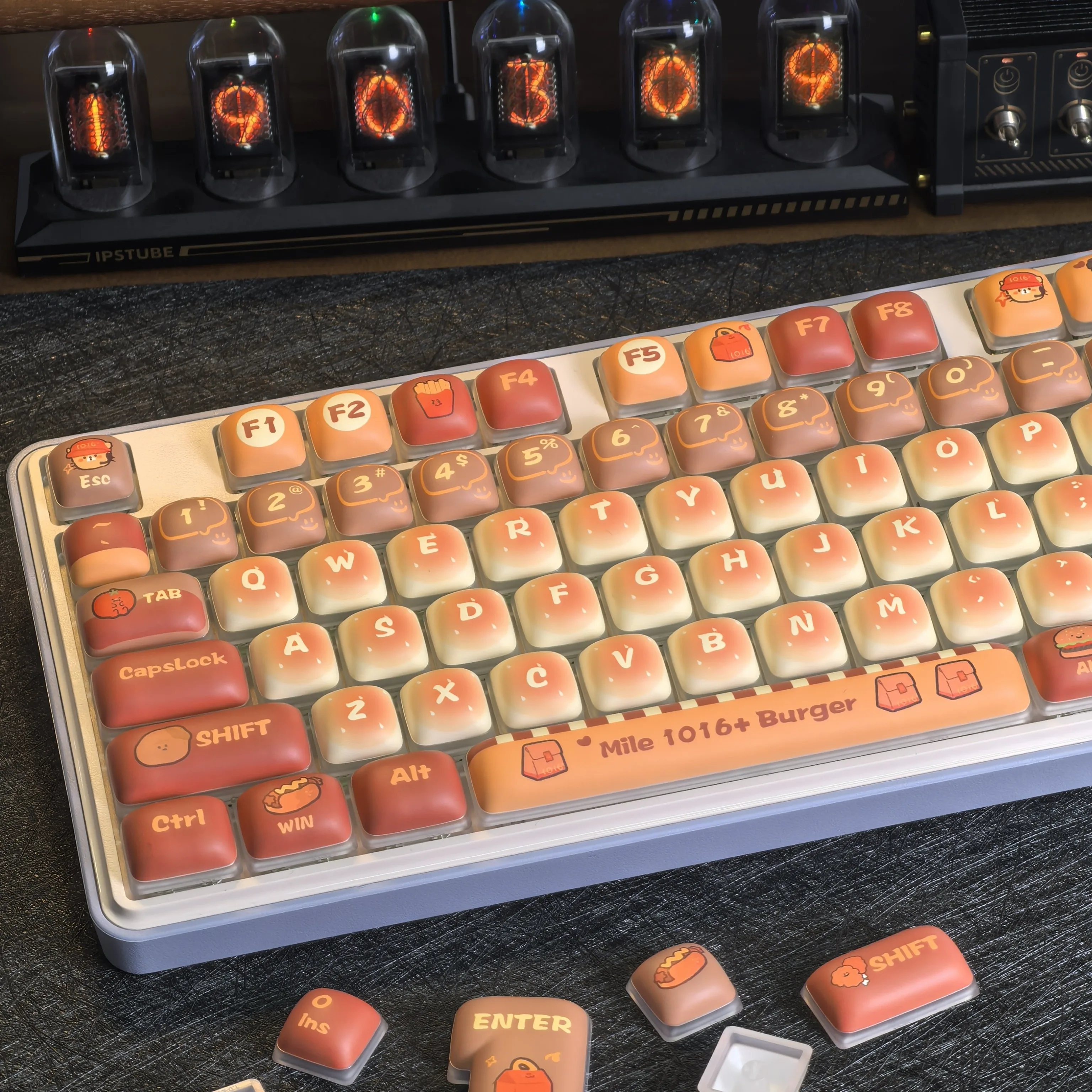 Cute MOG Bread Keycap 125 Keys PBT+PC Hamburger Fries Ice Cream Fast Food Theme Keycaps Orange Red Round Mantou Keyboard Caps