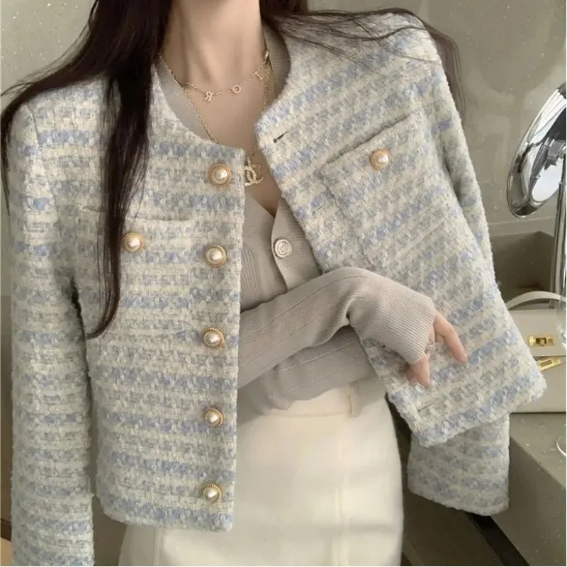 

Korean Clothing Women Short Wool Coat Spring Autumn Temperament Elegant Pearl Button Fashion Casual Cardigans Long Sleeve Jacket