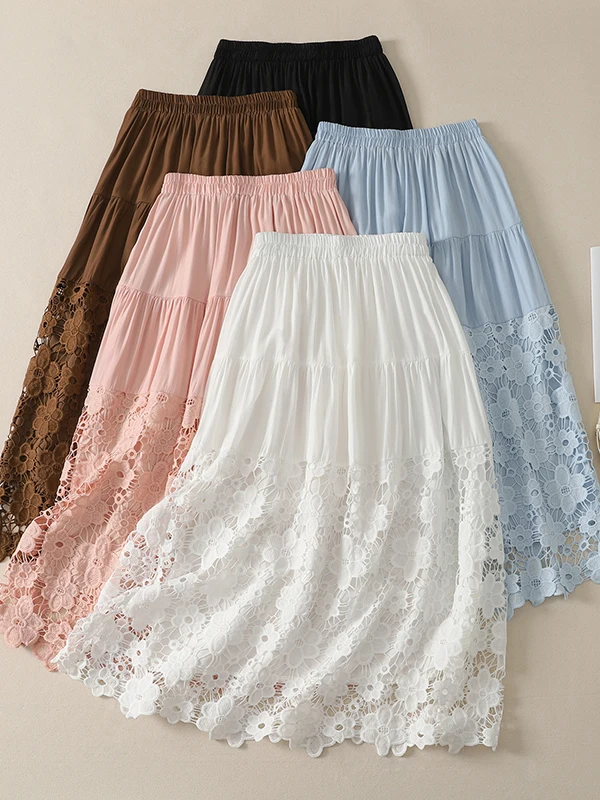 

High Waist Lace Splicing Hollow out Elastic Waist Slim A-Line Skirt Women's plus Size Summer New Style Casual Long Skirt