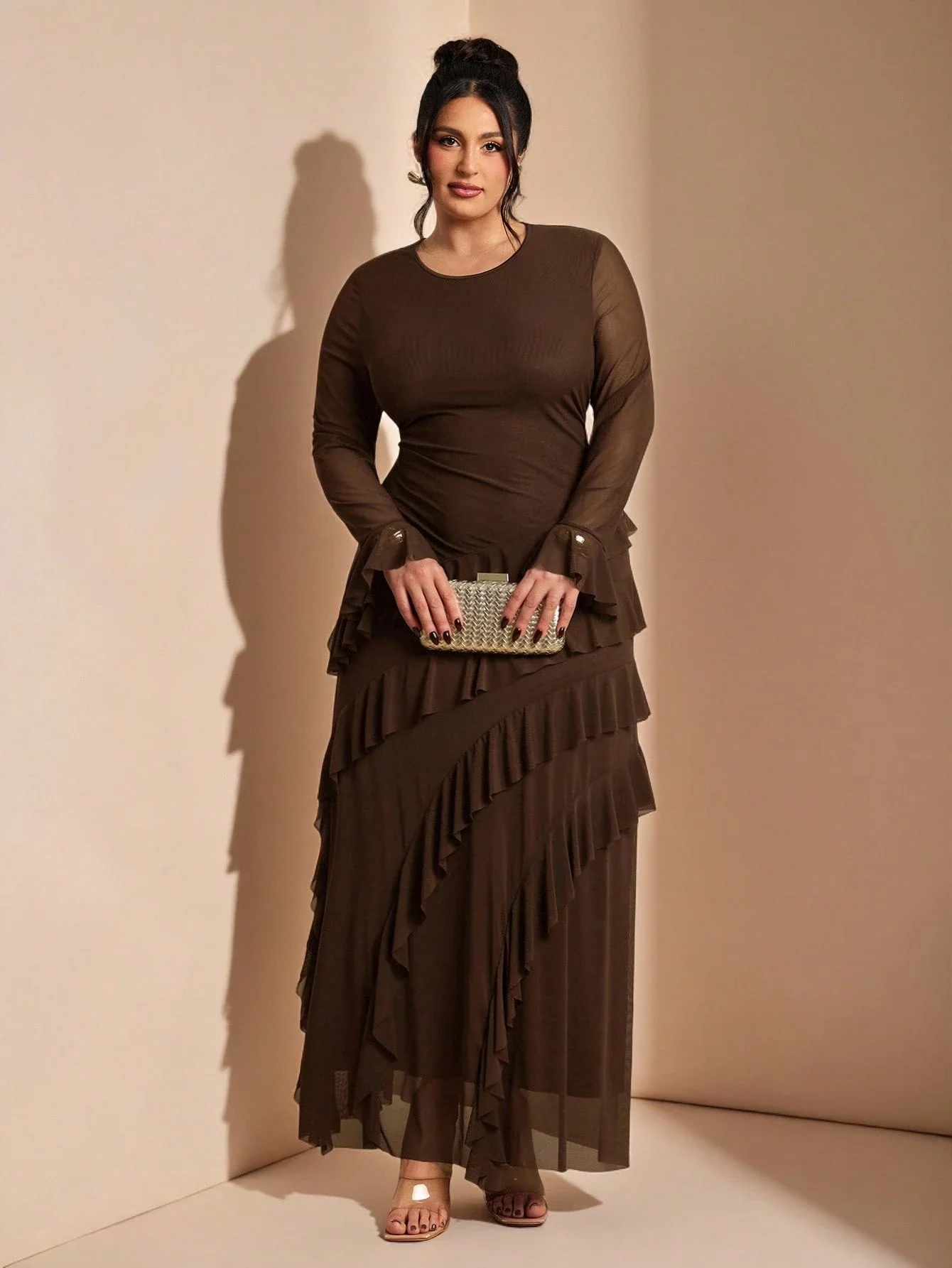 

Brown Plus Size Tiered Ruffle Maxi Dress With Flared Sleeve For Wedding Guest, Holiday, And Formal Occasions