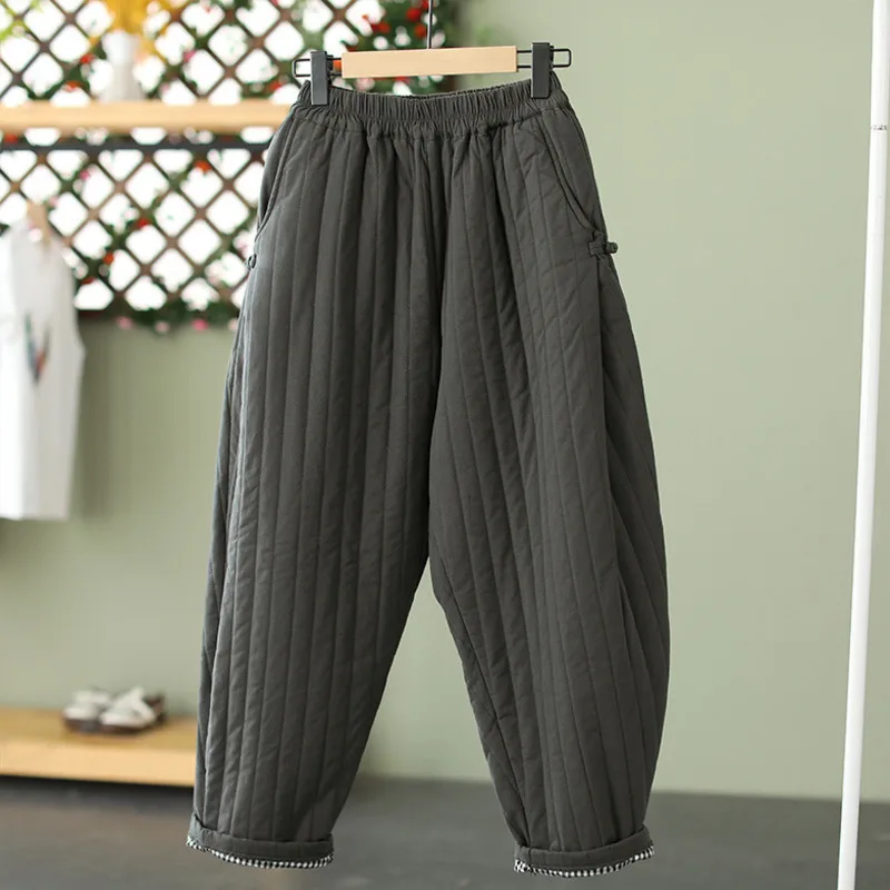 Pantalones de algodón acolchados gruesos Retro para mujer, ropa informal, cinturilla elástica, pantalones holgados y cálidos de tiro medio, novedad