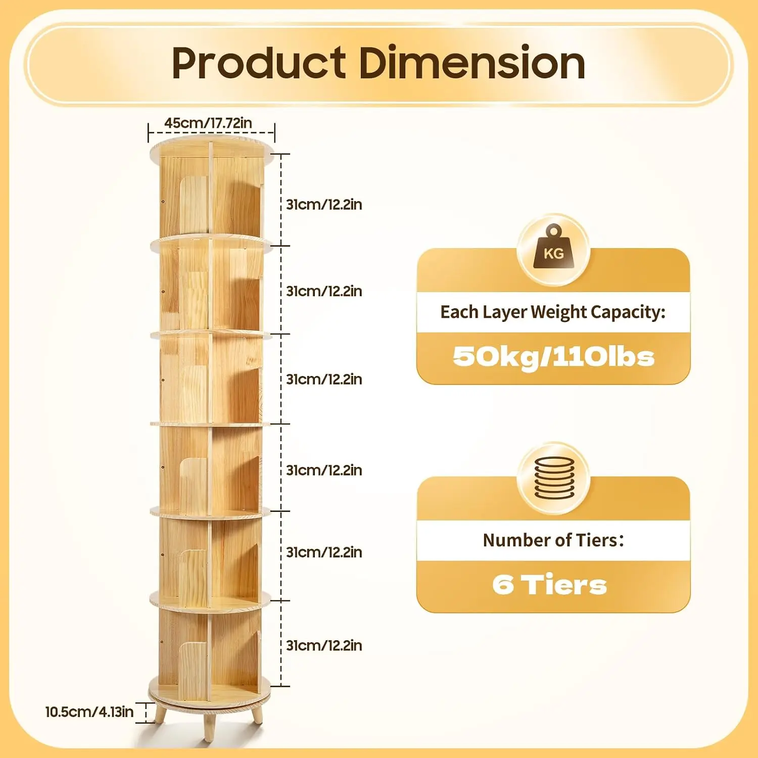 6 Tier Rotating Bookshelf 360° Stackable Wood Bookcase Storage Rack Multi-Functional Shelf Study Living Room Home, Customized