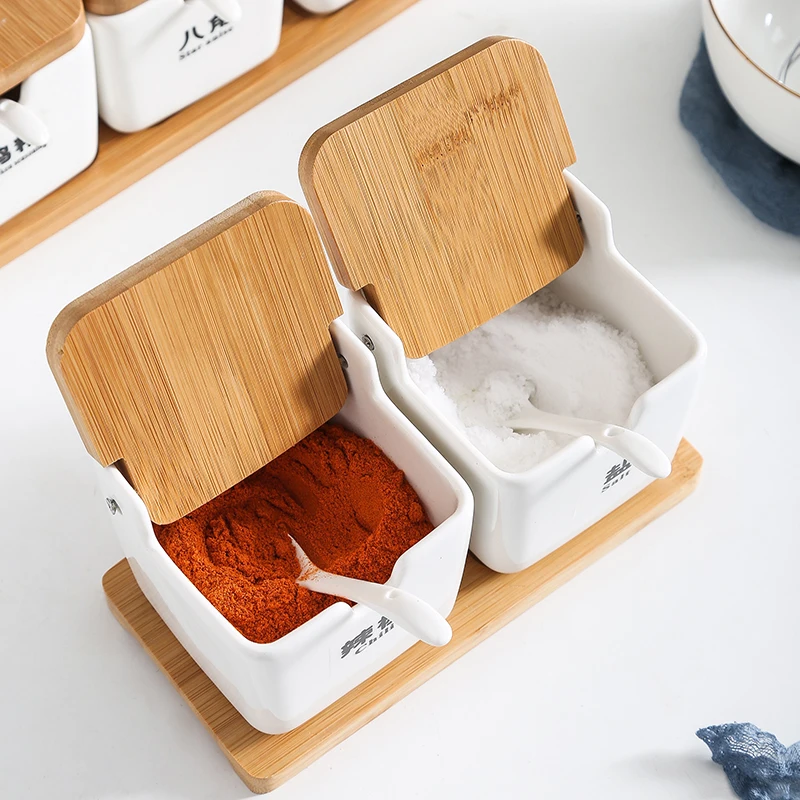

3pcs Square Ceramic Seasoning Jar Bamboo and Wood Japanese Seasoning Bottle Kitchen Household Salt Jar Seasoning Box Set hot