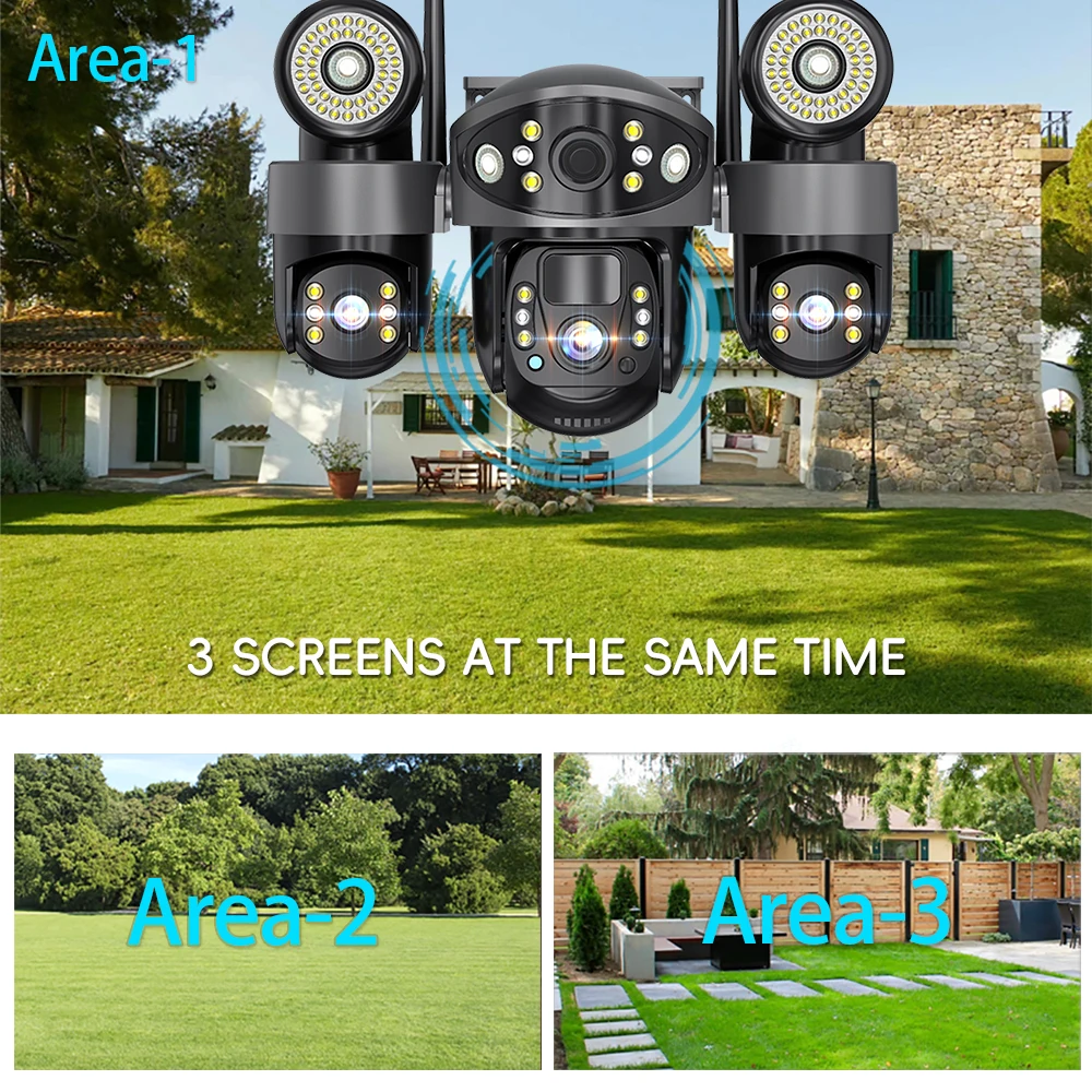 V380 Solar Camera 4G Sim Card Outdoor 3 Lens 3 Screen 10X Zoom PTZ Cameras Street Light HD Night Vision CCTV Security Protection