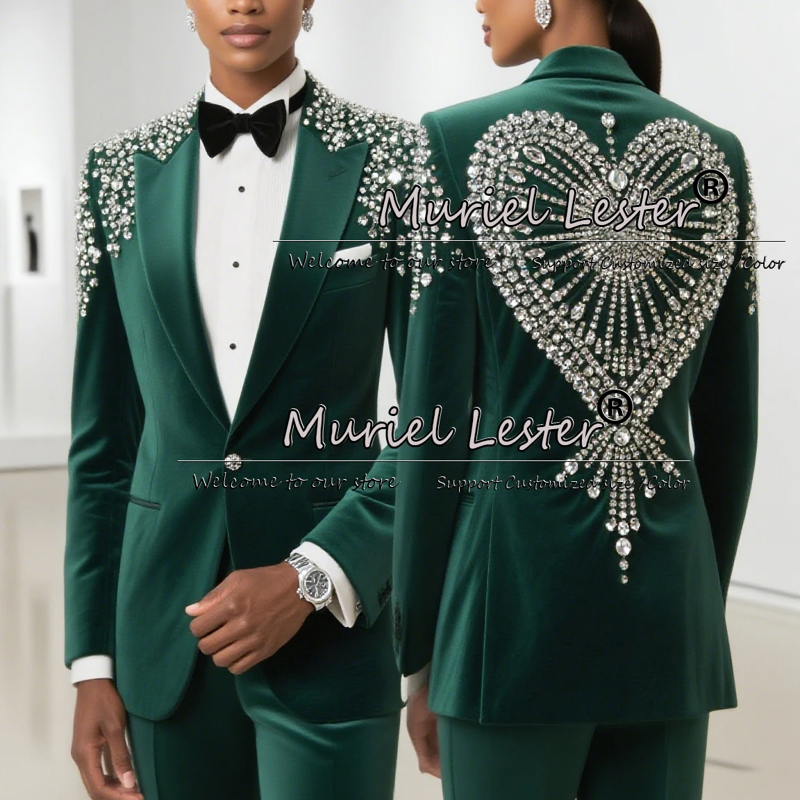 Exclusive Beaded Stones Velvet Women Suits 2 Piece Sets Single Breasted Prom Blazers Customized Ladies Wedding Tuxedos Outfits